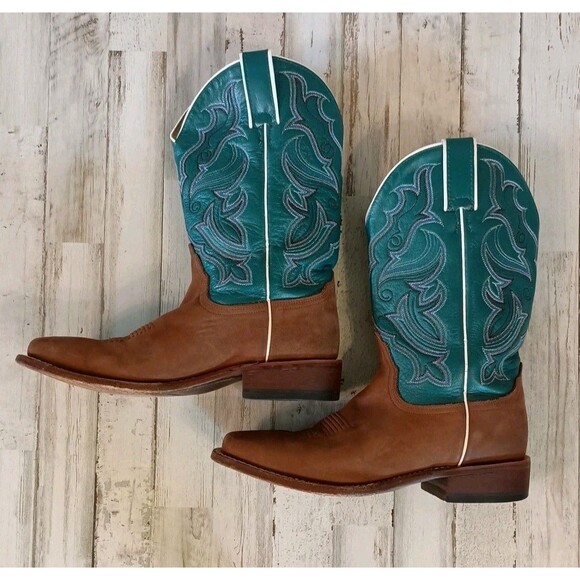 Vtg. Nocona Womens Size 8.5B Cowboy Boots Square Toe Teal/Brown Leather Western - Picture 9 of 16